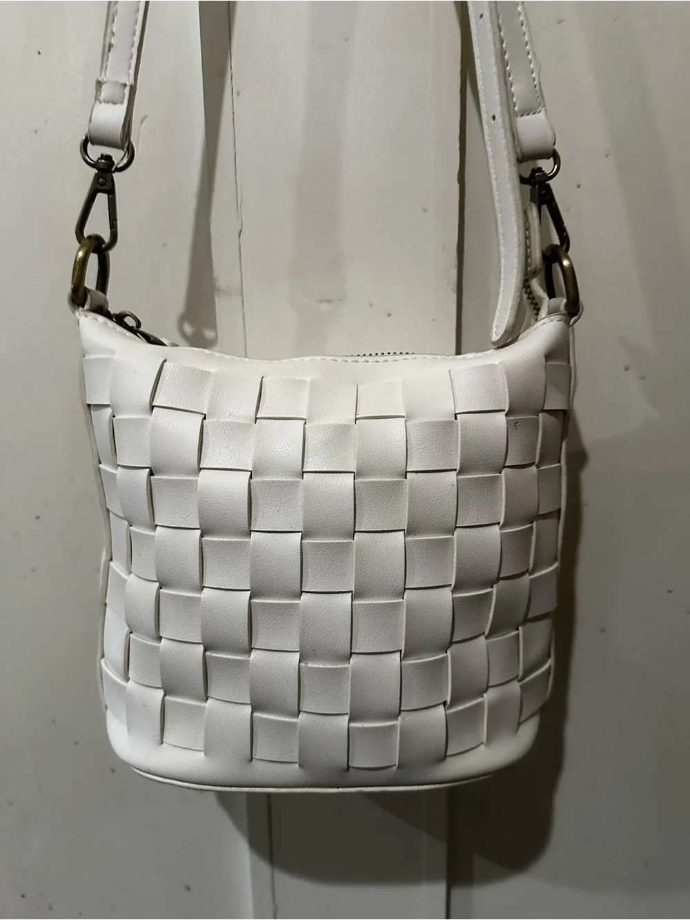Joy Susan White Woven Crossbody Bucket Bag